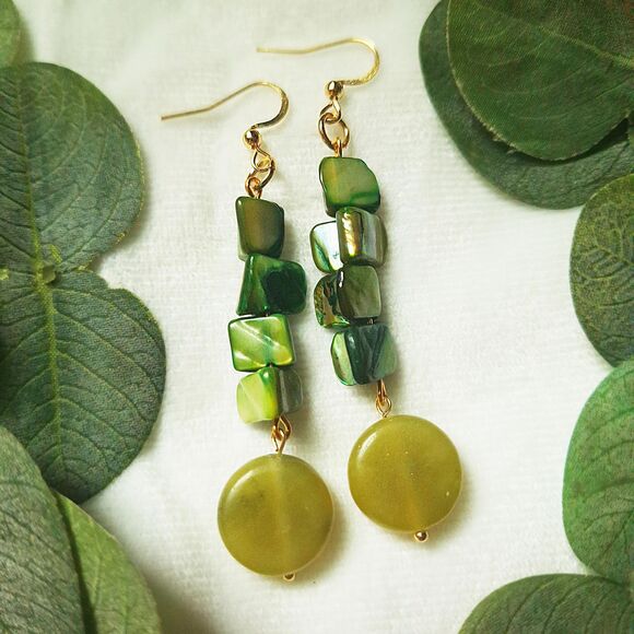 Coastal Green Mother of Pearl & Serpentine Stone Earrings: 24k Gold Plated Hooks - Picture 1 of 10